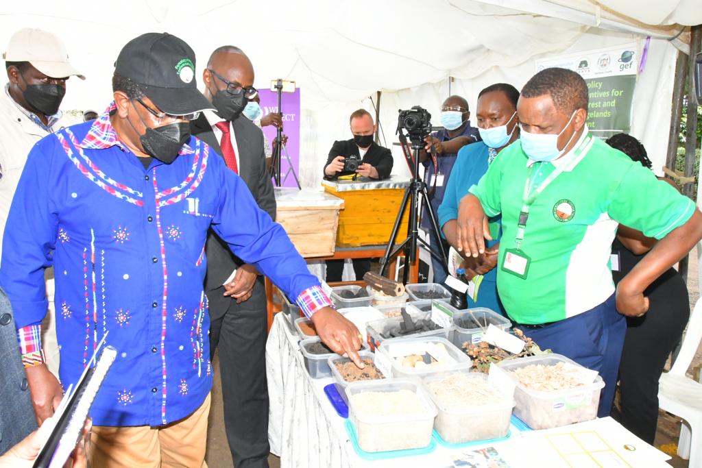 Cabinet Secretary for Ministry of Environment and Forestry, Mr. Keriako Tobiko, viewing forest products on display during the Conference